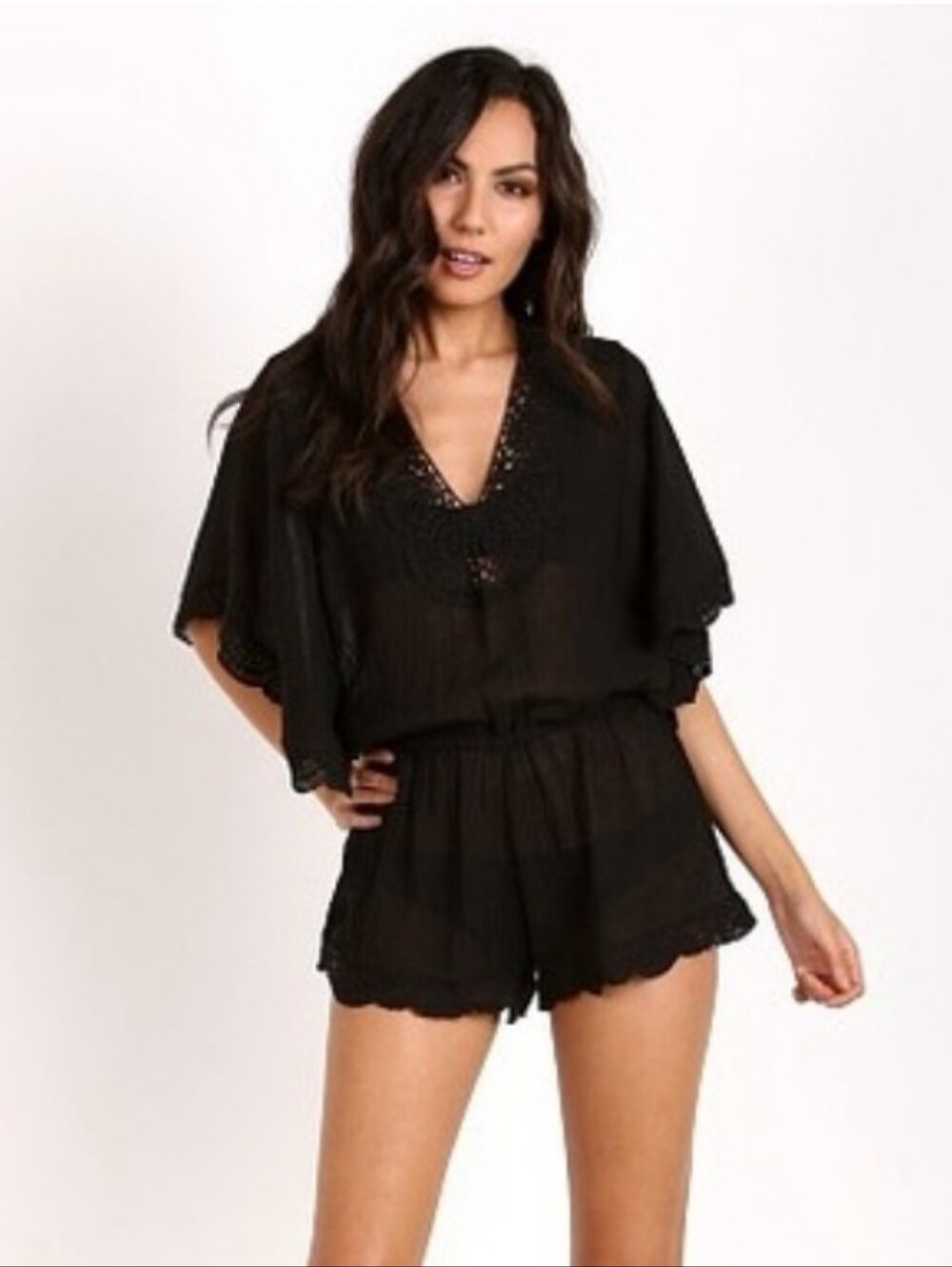NWT EBERJEY Sol Liberty Romper Black Crochet Trim Cotton Romper